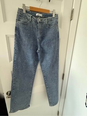 Light Blue Crystal-Trim Straight-Leg Jeans
